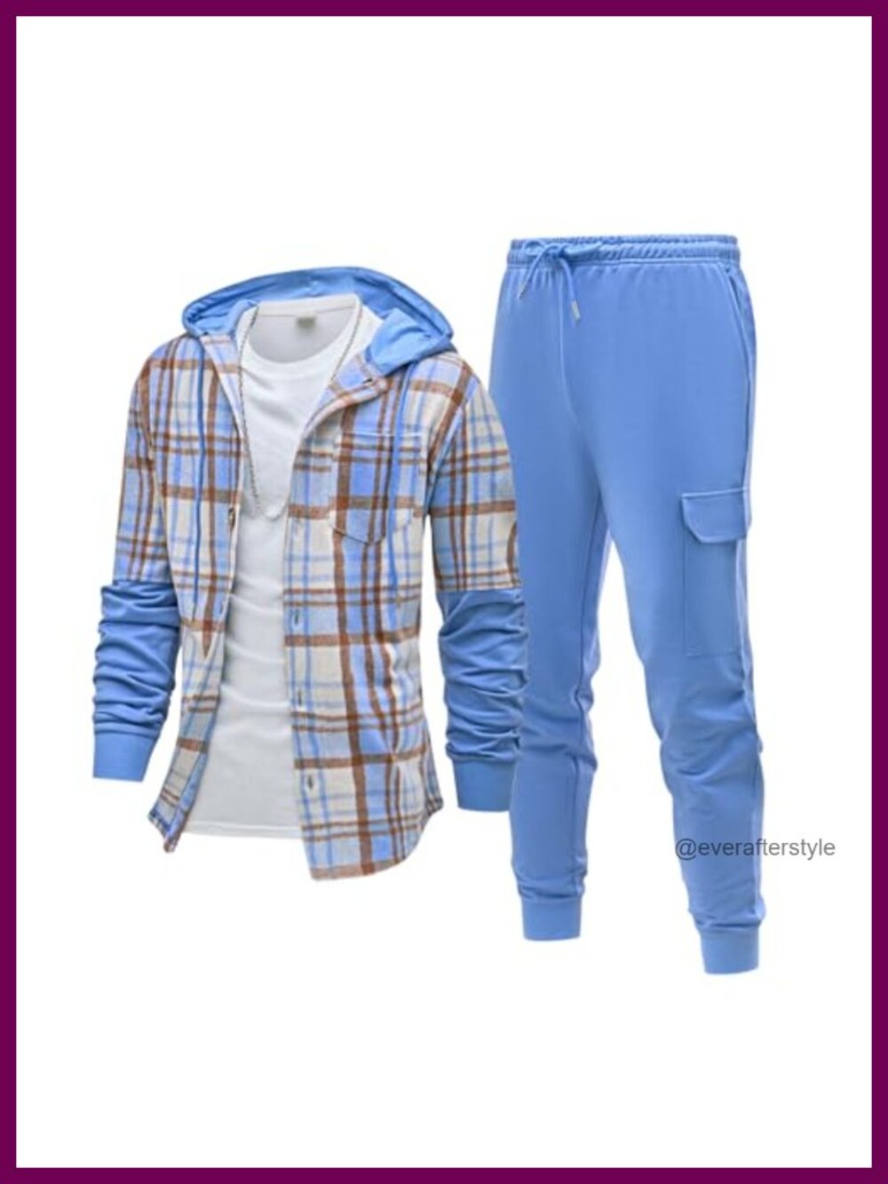 Men's Flannel Plaid Hooded Shacket and Joggers Sweatsuit 2 Piece Set